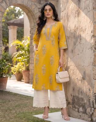 Yellow  pure cotton printed kurti for women 1