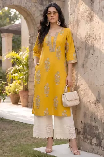 Yellow  pure cotton printed kurti for women