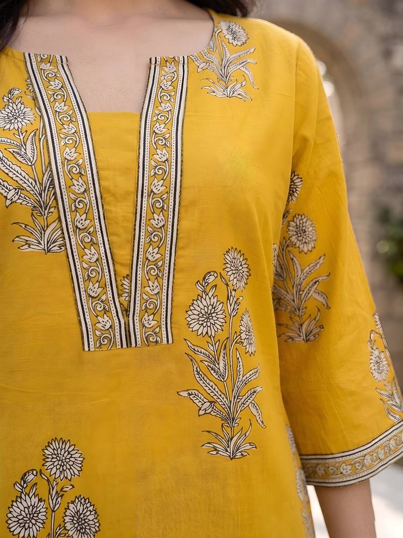 Yellow  pure cotton printed kurti for women