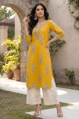 Yellow  pure cotton printed kurti for women