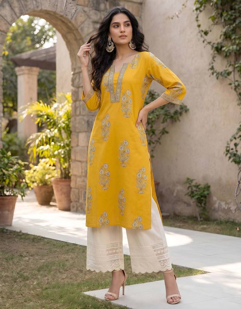 Yellow  pure cotton printed kurti for women