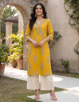 Yellow  pure cotton printed kurti for women 4