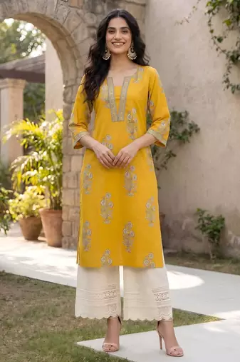 Yellow  pure cotton printed kurti for women