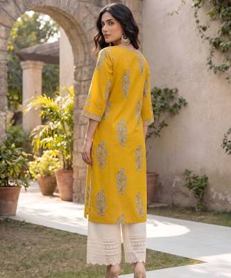 Yellow  pure cotton printed kurti for women 5