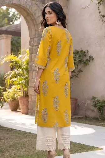 Yellow  pure cotton printed kurti for women
