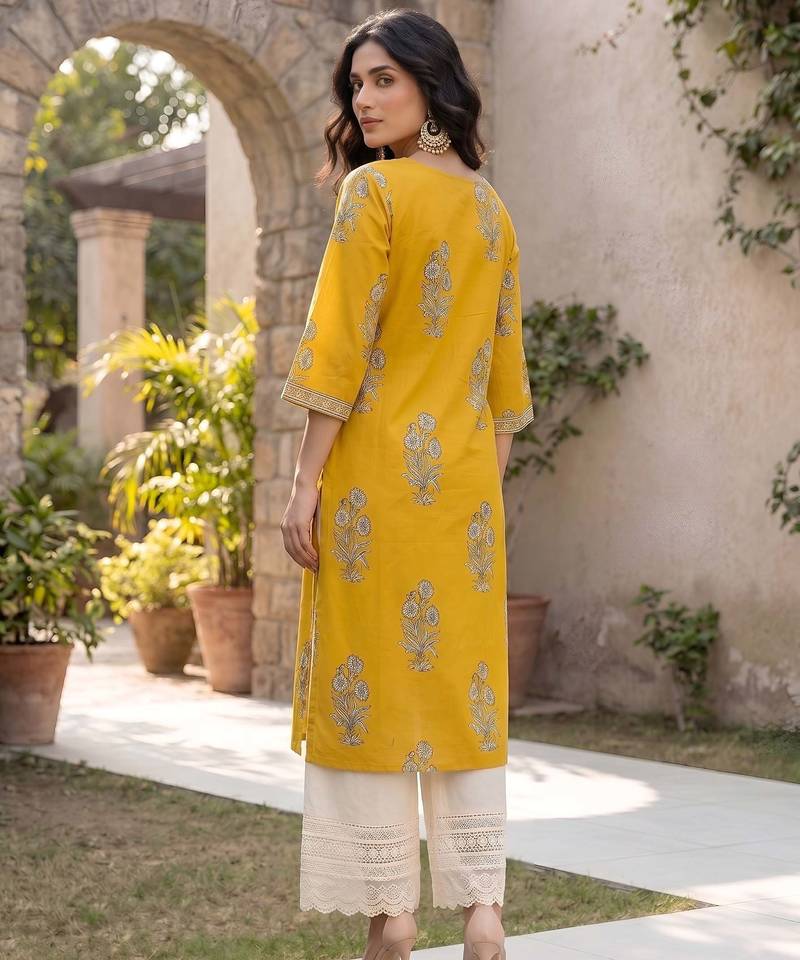 Yellow  pure cotton printed kurti for women