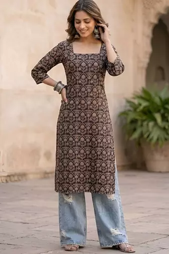 Black  pure cotton printed kurti for women