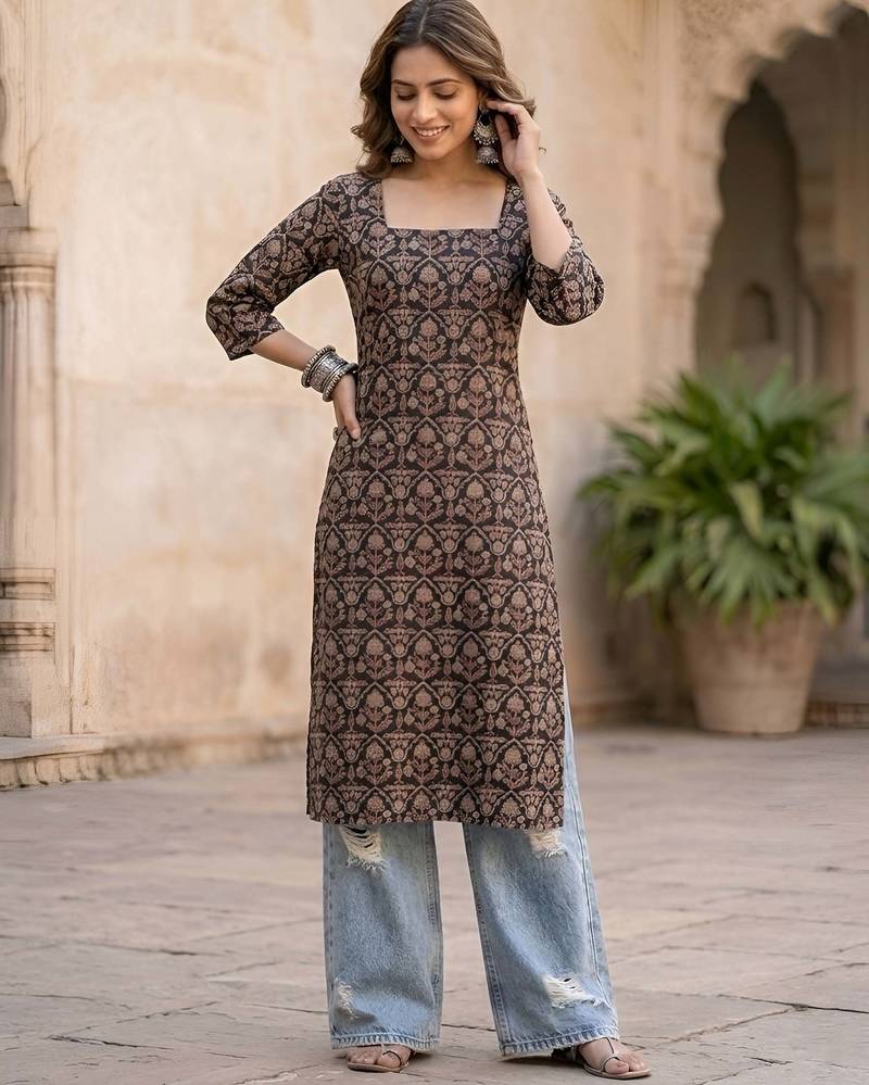 Black  pure cotton printed kurti for women