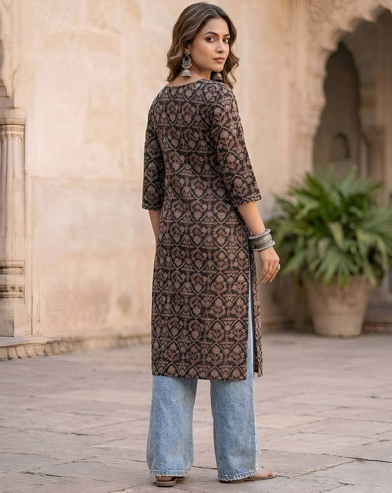 Black  pure cotton printed kurti for women