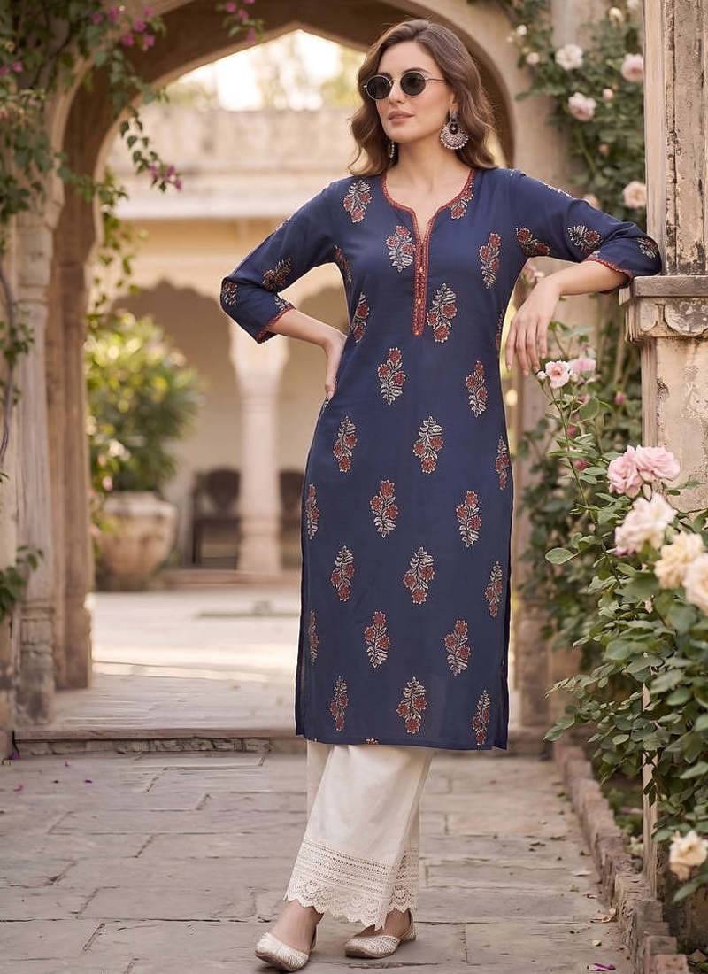 Blue  pure cotton printed kurti for women