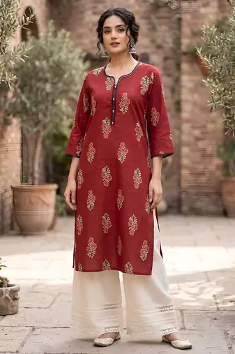 Red  pure cotton printed kurti for women