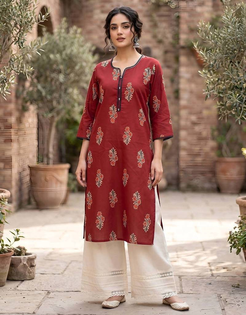 Red  pure cotton printed kurti for women