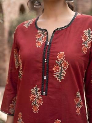 Red  pure cotton printed kurti for women 2