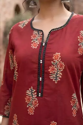 Red  pure cotton printed kurti for women