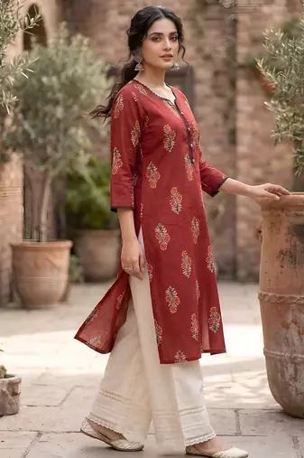 Red  pure cotton printed kurti for women