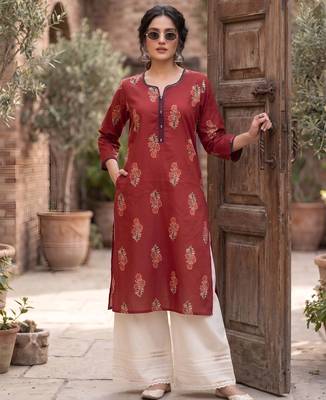 Red  pure cotton printed kurti for women 5