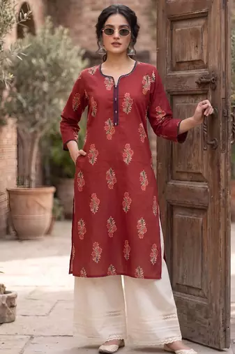 Red  pure cotton printed kurti for women