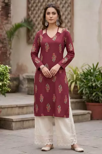 Maroon  pure cotton printed kurti for women