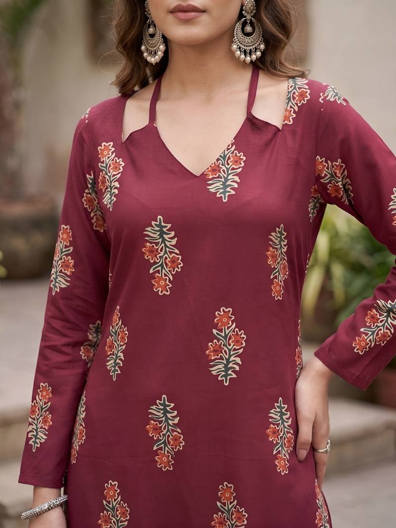 Maroon  pure cotton printed kurti for women