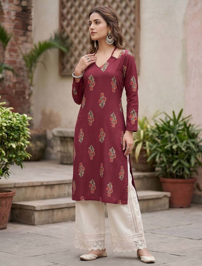 Maroon  pure cotton printed kurti for women