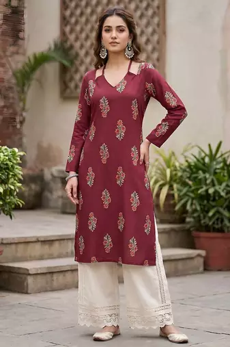 Maroon  pure cotton printed kurti for women