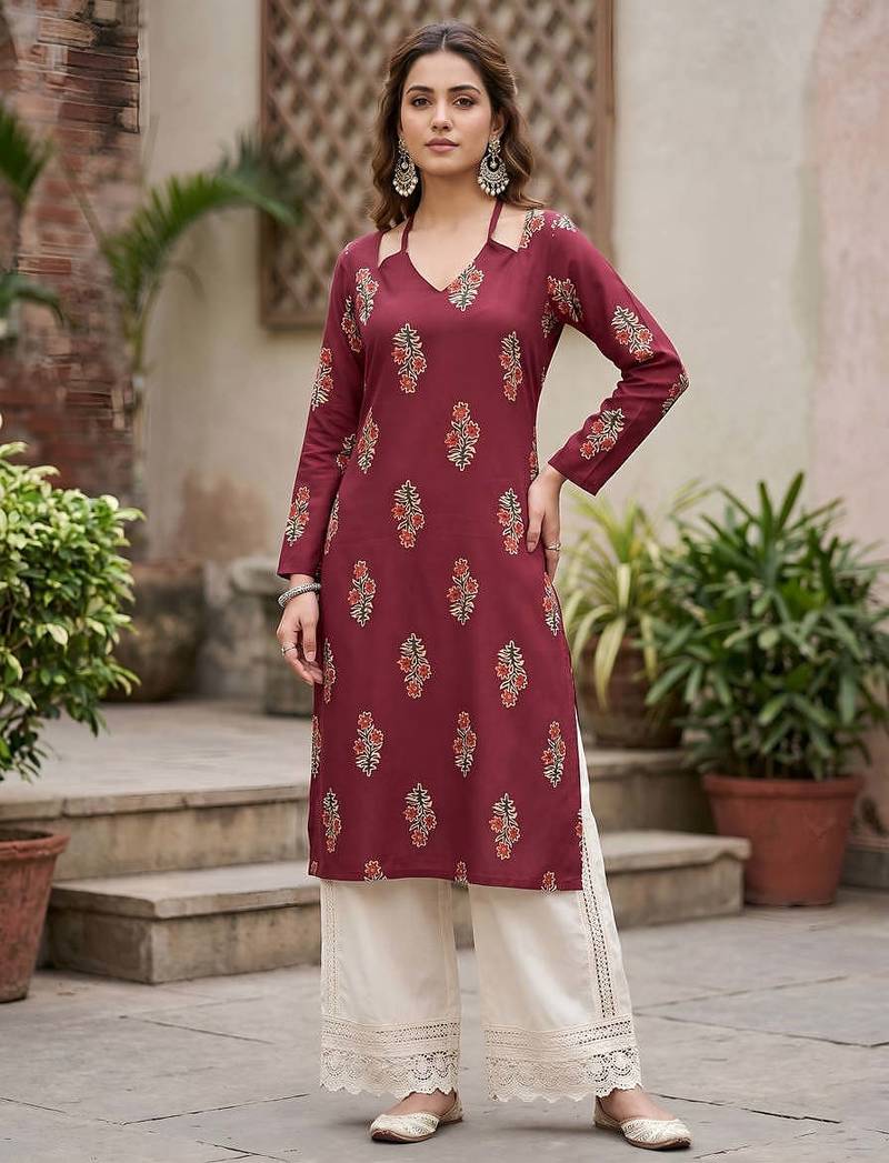 Maroon  pure cotton printed kurti for women