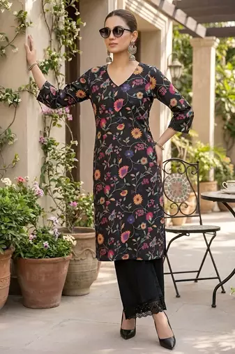 Black  pure cotton printed kurti for women