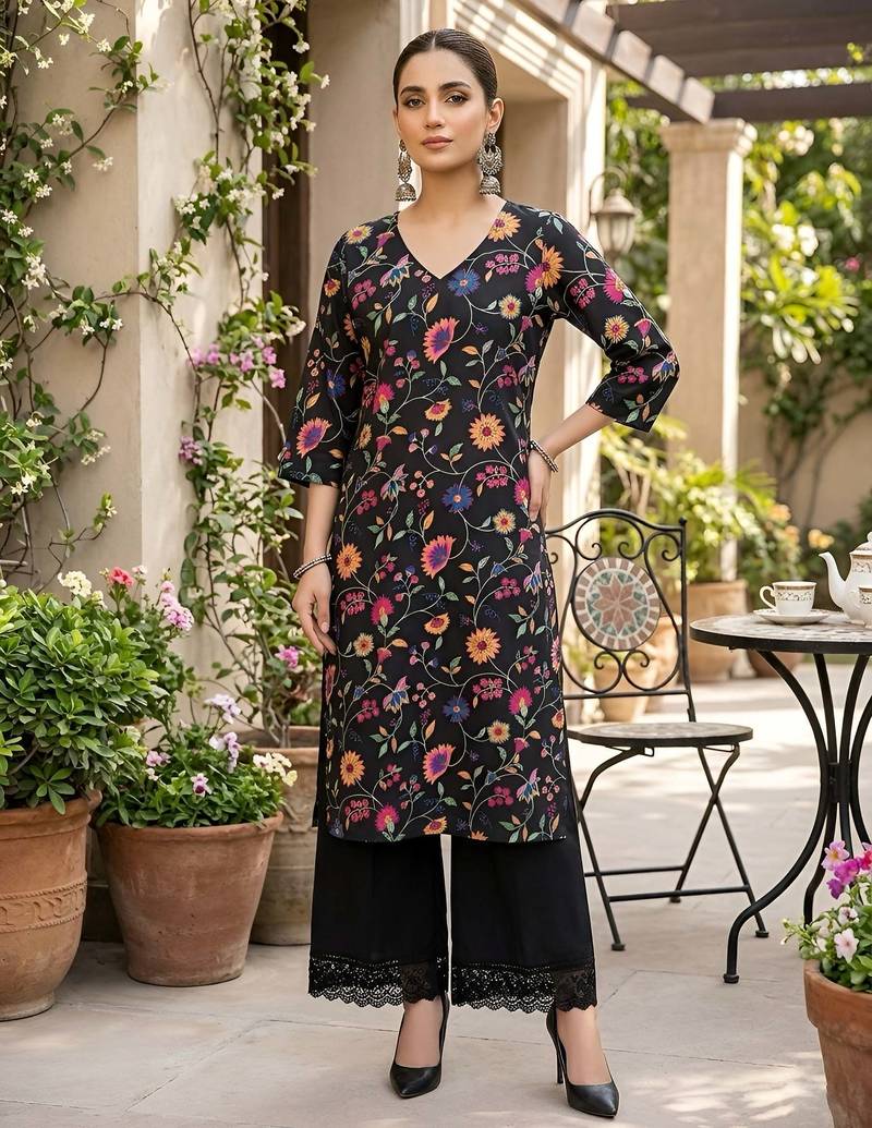 Black  pure cotton printed kurti for women