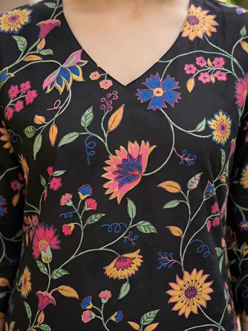 Black  pure cotton printed kurti for women