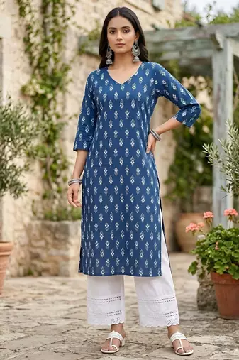 Blue  pure cotton printed kurti for women