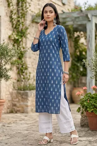 Blue  pure cotton printed kurti for women