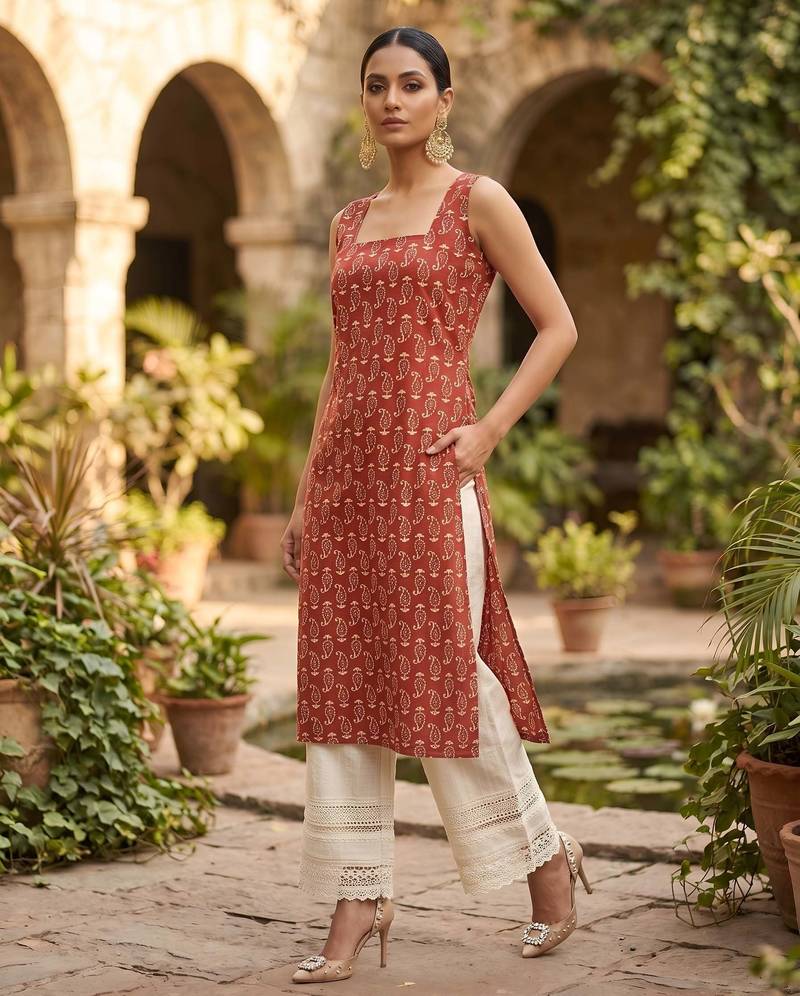 Maroon  pure cotton printed kurti for women