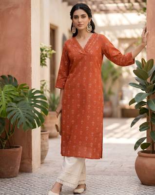 Rust  pure cotton printed kurti for women 1