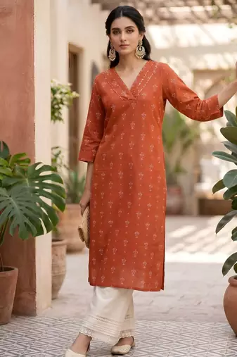 Rust  pure cotton printed kurti for women