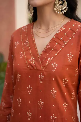 Rust  pure cotton printed kurti for women