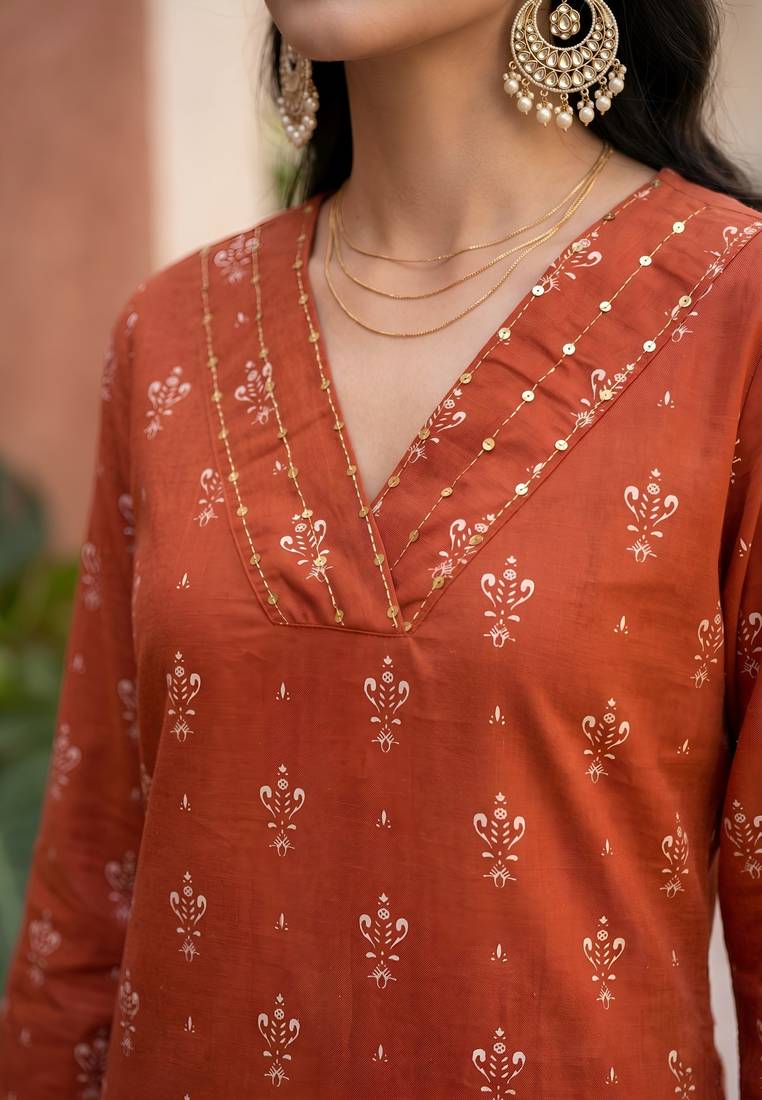 Rust  pure cotton printed kurti for women