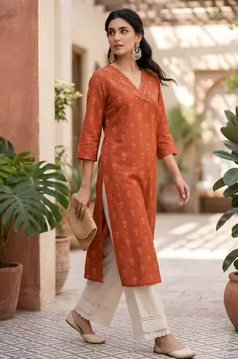 Rust  pure cotton printed kurti for women