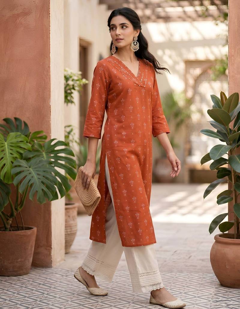 Rust  pure cotton printed kurti for women