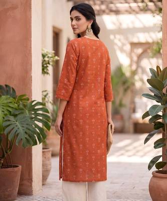 Rust  pure cotton printed kurti for women 4