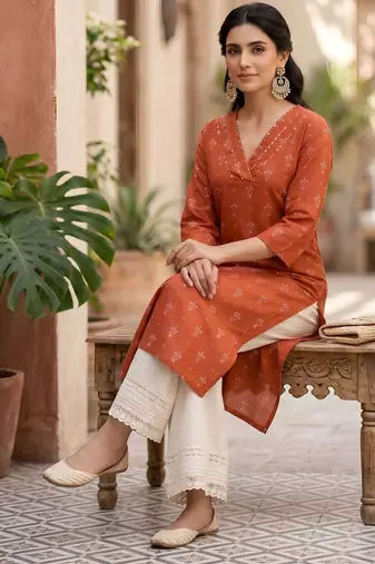 Rust  pure cotton printed kurti for women