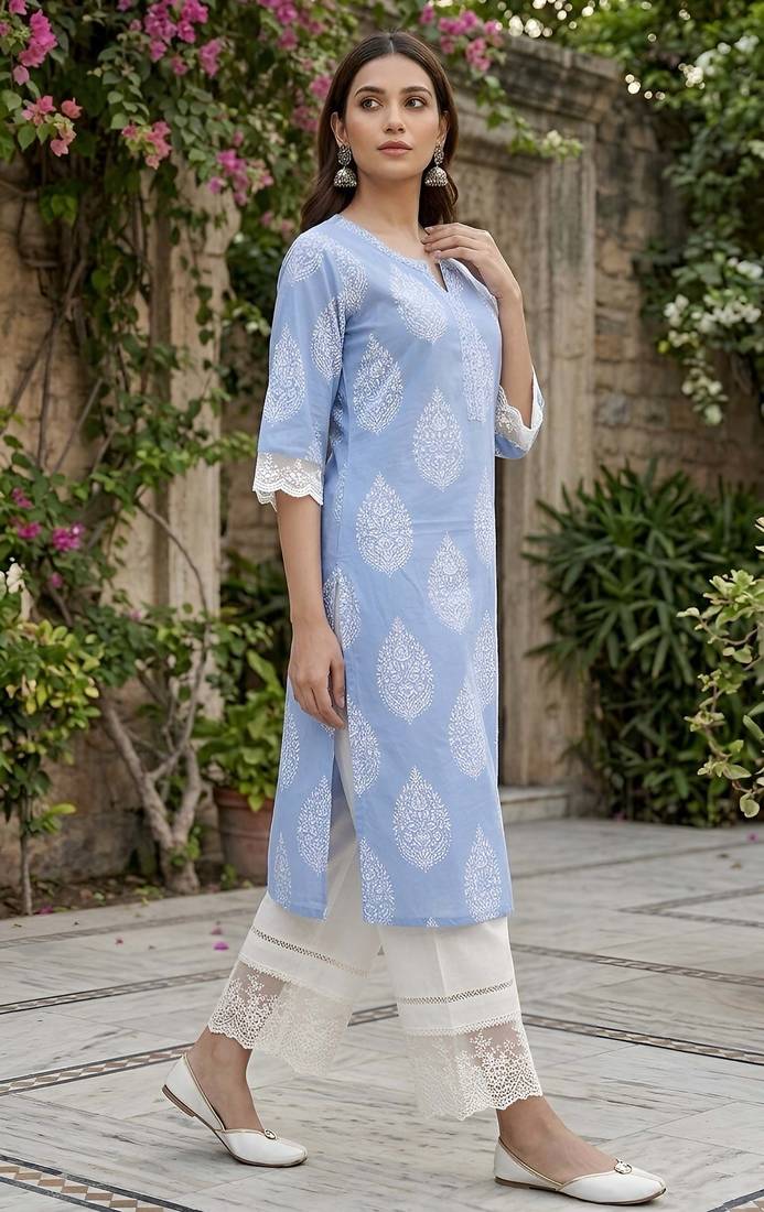 Blue  pure cotton printed kurti for women