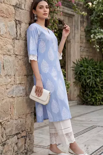Blue  pure cotton printed kurti for women