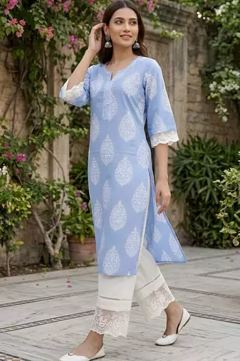 Blue  pure cotton printed kurti for women