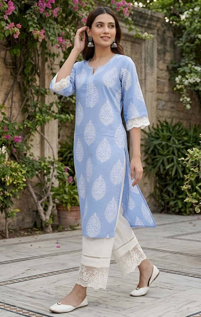 Blue  pure cotton printed kurti for women