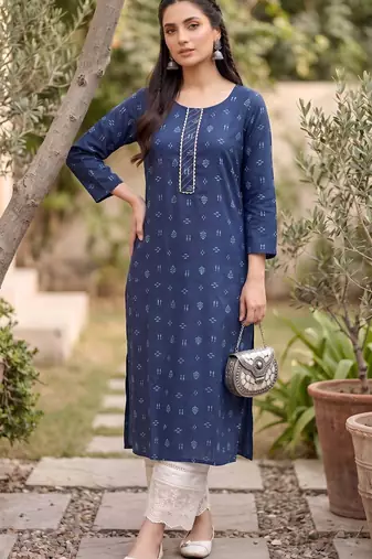 Blue  pure cotton printed kurti for women
