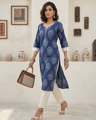 Blue  pure cotton printed kurti for women 1