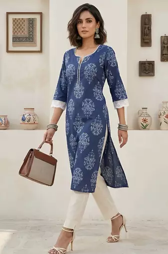 Blue  pure cotton printed kurti for women