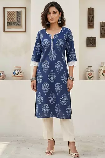 Blue  pure cotton printed kurti for women