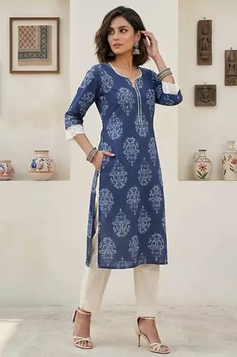 Blue  pure cotton printed kurti for women