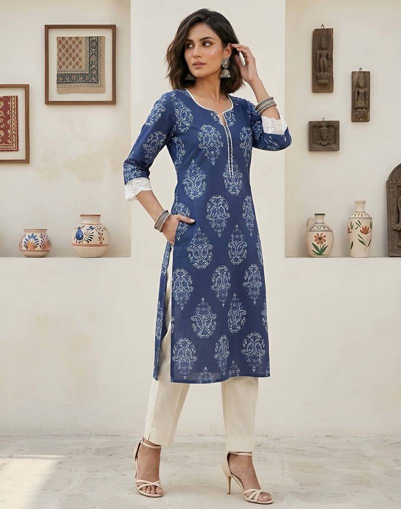 Blue  pure cotton printed kurti for women